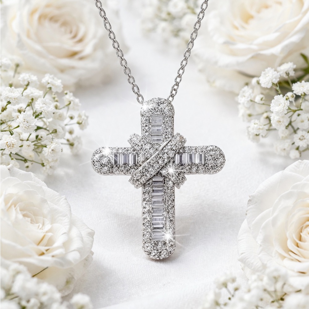 Elegant Silver Crystal Cross Pendant Necklace - White
